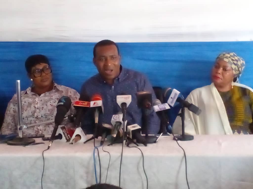 Bernard Antwi Boasiako, Ashanti Regional Chairman of the New Patriotic Party (NPP) addressing the media in Kumasi. Seated on his right and left are Nana Ama Ampomah, Ashanti Regional Women's Organiser and Hajia Zeinab Sallow, Ashanti Regional Treasurer.